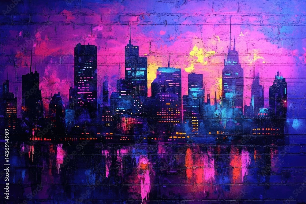 Obraz premium Vibrant city skyline at sunset, depicted in a graffiti-style painting on a brick wall.