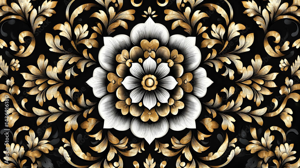 Ornate floral design pattern with gold accents on a black background.