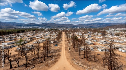 Aerial View of a Dirt Road Leading to a Distant Town in an Arid Landscape