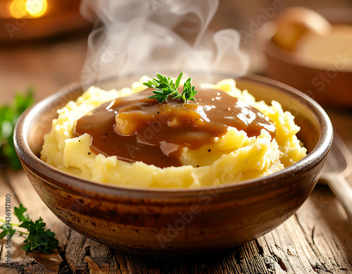 High-resolution photo of creamy mashed potatoes with rich brown gravy, served in a rustic ceramic bowl