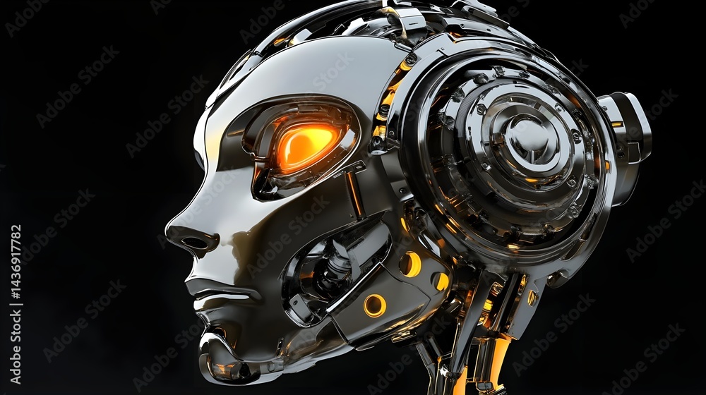 Fototapeta premium Futuristic Robot Head with Glowing Orange Eyes in Sleek Design