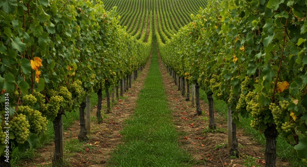 Fototapeta premium Walking Through Vineyard Rows with Green Grapes Ready for Harvest