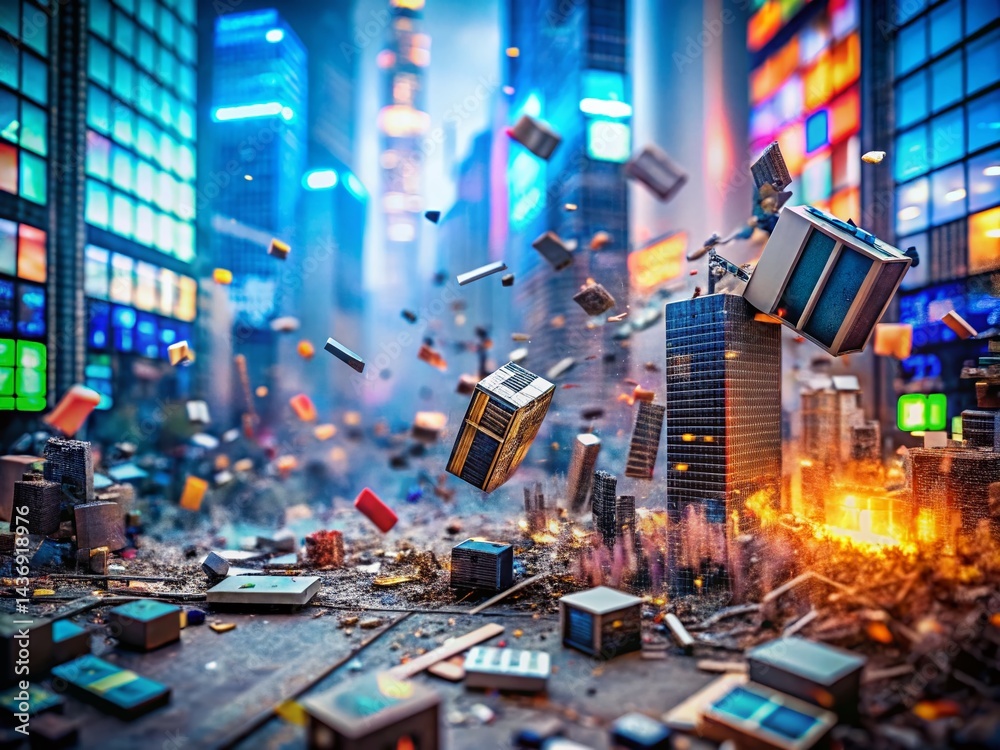 Obraz premium Miniature Bear Market Crash: Tiny City in Financial Ruin
