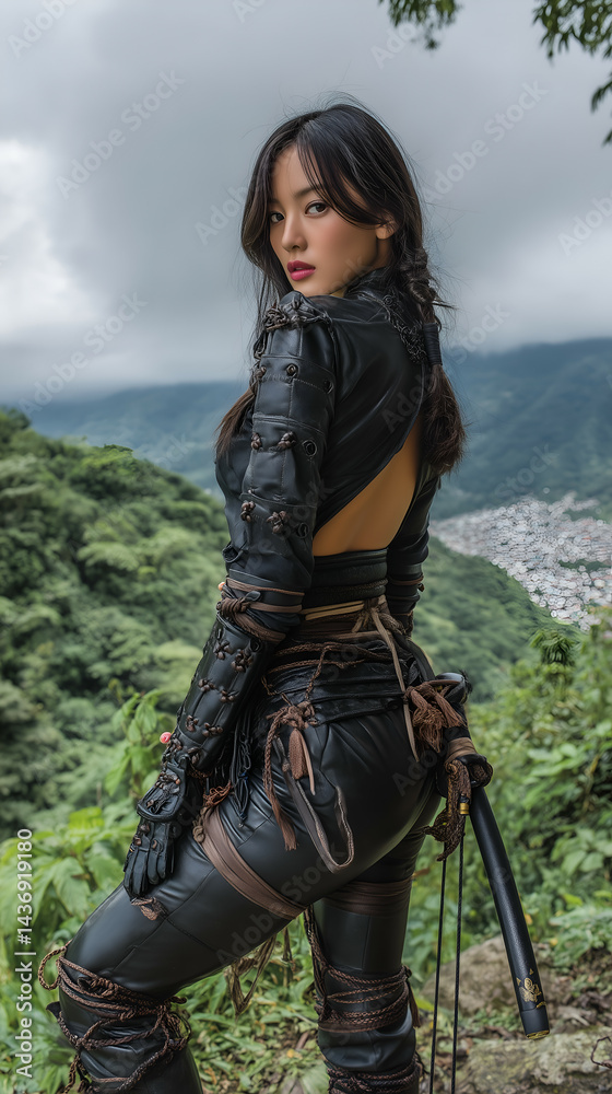 Obraz premium Epic Journey of a Female Warrior: Outdoor Adventure in a Mountain Landscape with Intrepid Explorer Theme