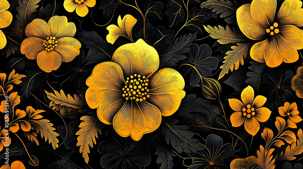 Ornate floral pattern featuring rich gold blossoms on dark background. Ornate floral pattern featuring rich gold blossoms on dark background.