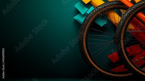 Vibrant close-up of bicycle wheels against a colorful geometric background, showcasing design