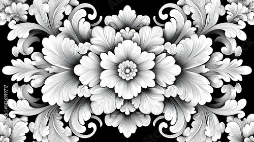 Ornate, symmetrical floral carving design in grayscale.