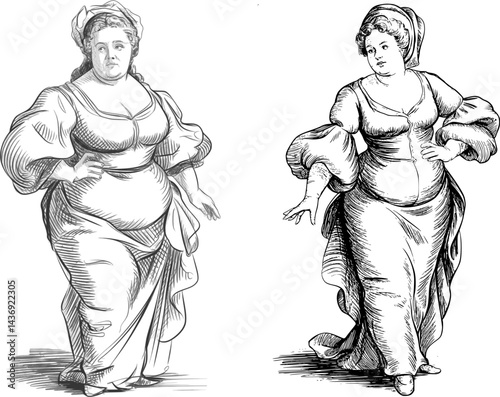 Vintage Sketch Set of Two Plump Elegant Women in Historical Dresses – Hand-Drawn Three-Quarter Poses with Bonnet and Voluminous Sleeves, Transparent Vector