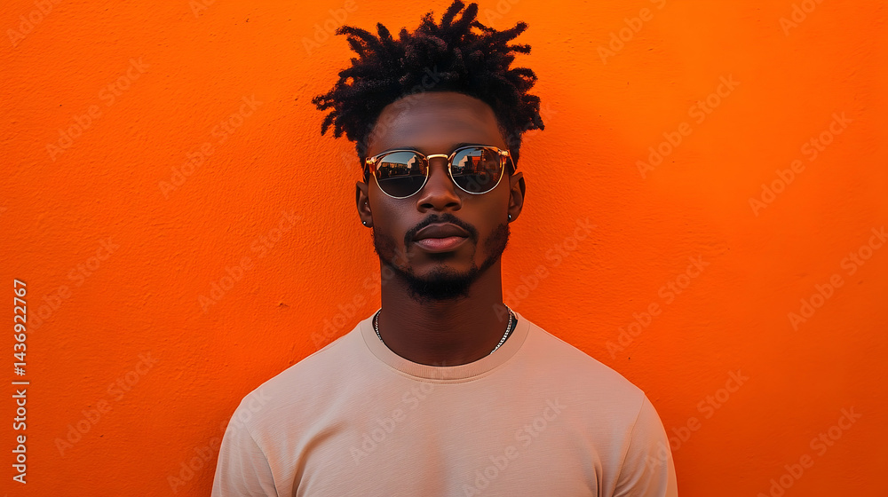 Obraz premium Stylish man with intricate dreadlocks against a vibrant orange backdrop.