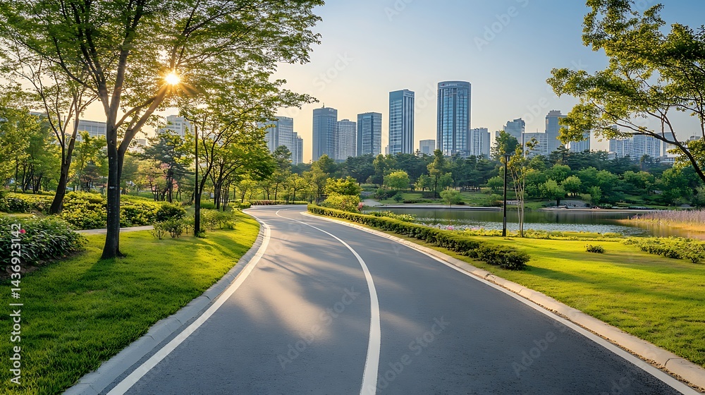 Fototapeta premium Urban park path winds through lush greenery toward modern city skyline.