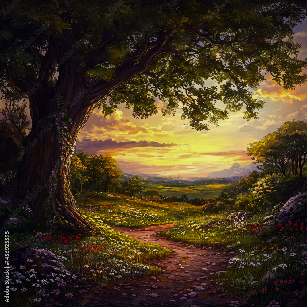Obraz premium A stunning fantasy landscape with lush greenery, vibrant flowers, and a carpet of soft grass covering the ground.