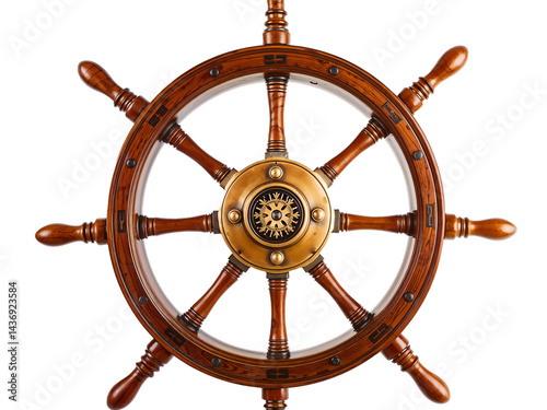 Wooden ship steering wheel isolated on transparent background, nautical and vintage style. Generative AI