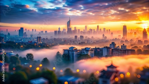 Misty Dawn Cityscape: Tilt-Shift Miniature Urban Skyline