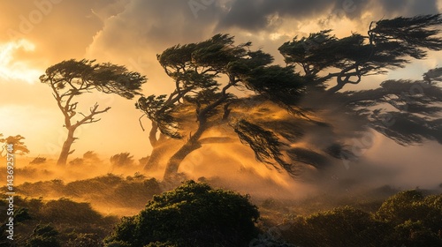 Majestic trees bending in a golden sunset wind storm landscape photography
