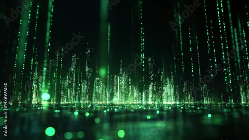 Abstract green technology background of fiber optics with light spots, a futuristic digital data and internet communication concept design