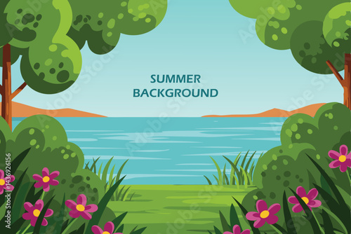 Serene Summer Landscape with Lake and Flowers

