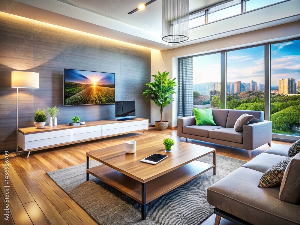 Fototapeta premium Modern Living Room Interior with Smart Home Tech: TV, Laptop, Tablet & Smartphone