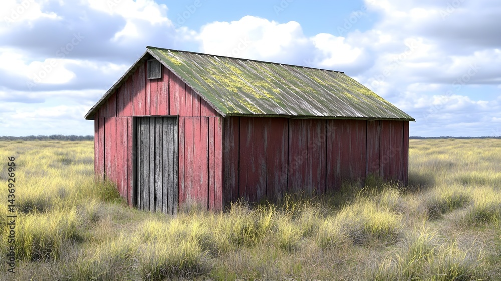 Traditional Large Red Barn with Green Roof on Open Grassland Traditional Large Red Barn with Green Roof on Open Grassland