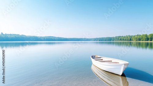 Serene lake scene with a solitary white rowboat. Tranquil morning light reflects on the still water, showcasing the peaceful natural beauty of a lake