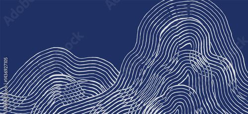 Crafted hand drawn brush line abstract minimal waves and water or mountains background, Japanese and ethnic wood carving, engraving, block print texture graphic, for textile, carpet, decoration