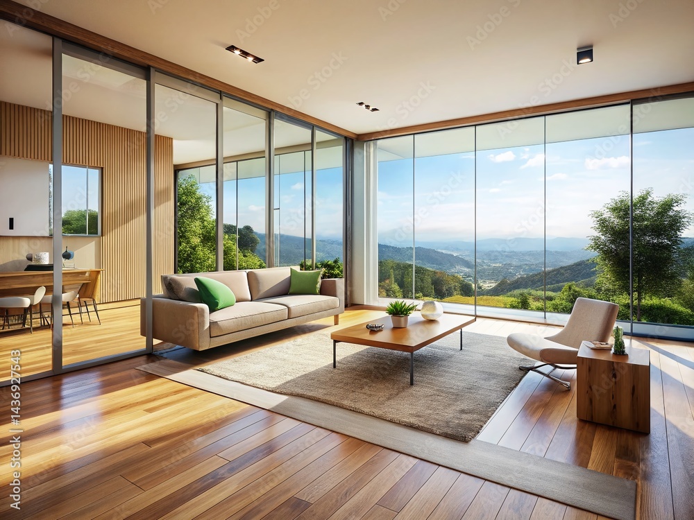 Fototapeta premium Modern Minimalist Living Room with Glass Sliding Doors, Wooden Frame, Aerial View