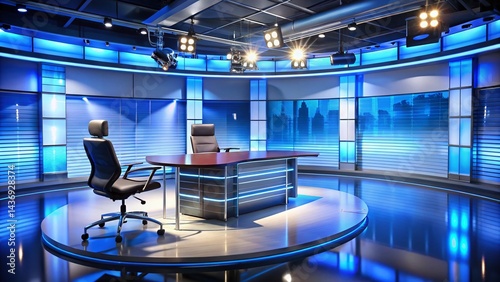 Modern TV Studio Set: Live Broadcast News Desk with Copy Space