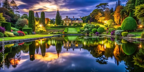 Mount Stewart Gardens Night Photography: Serene Lake & Formal Gardens, Northern Ireland