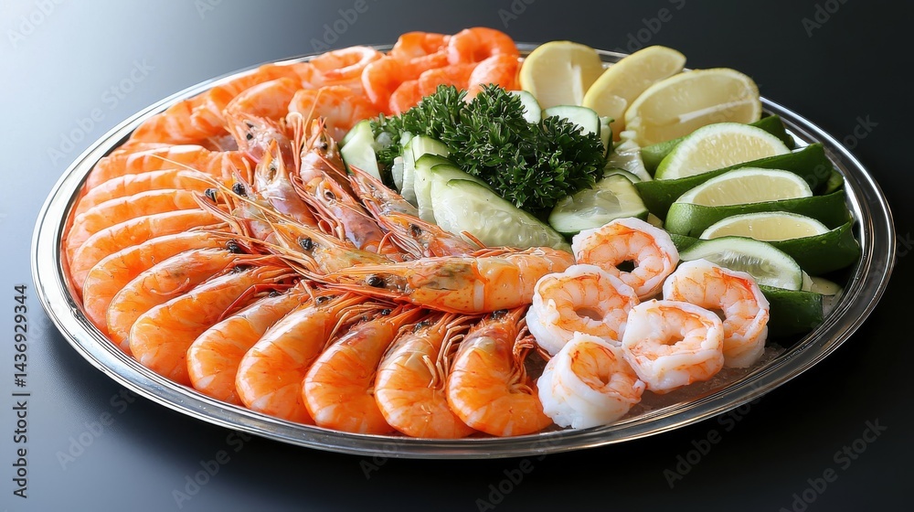 A delicious platter of cooked shrimp arranged with lemon slices, cucumber, and parsley on a silver serving tray perfect for a party or special occasion. A delicious platter of cooked shrimp arranged with lemon slices, cucumber, and parsley on a silver serving tray perfect for a party or special occasion.
