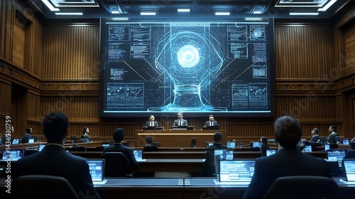 Businessmen Watching Futuristic Holographic Display in Wooden Conference Room