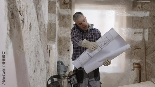 Confused and puzzled construction builder worker on a renovation building site, reading house plans and blueprints, talking on the phone, trying to understand the project layout, tasks and works to do