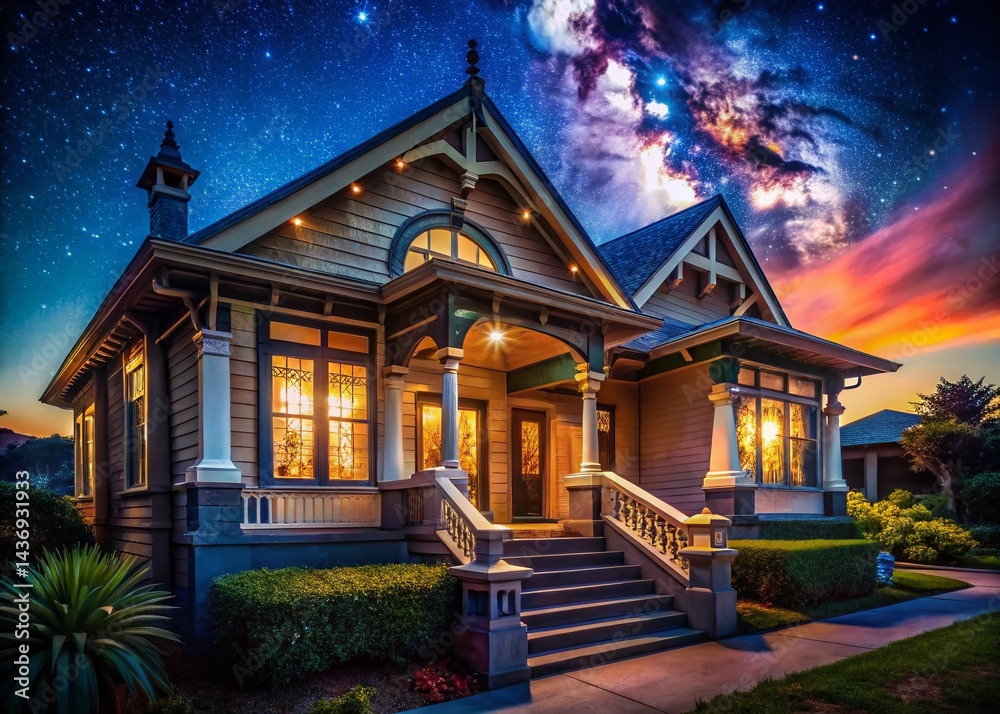 Fototapeta premium Night Photography: Luxurious Bungalow Exterior, Vivid Paint, Intricate Architecture