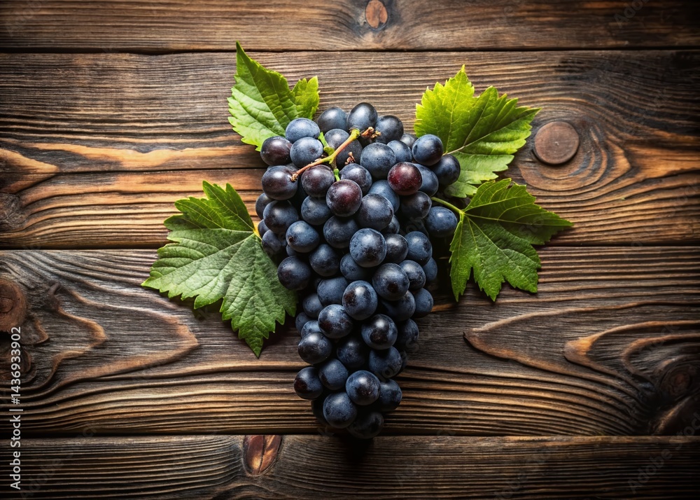 Fototapeta premium Overhead View of Black Grapes and Leaves on Rustic Wood
