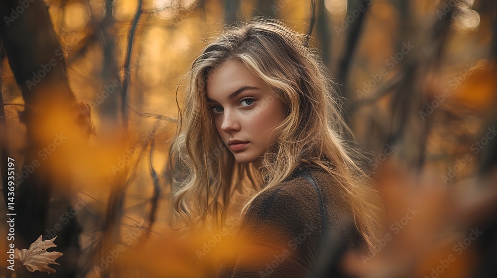 Woman with long blonde hair in autumn forest leaves background Woman with long blonde hair in autumn forest leaves background