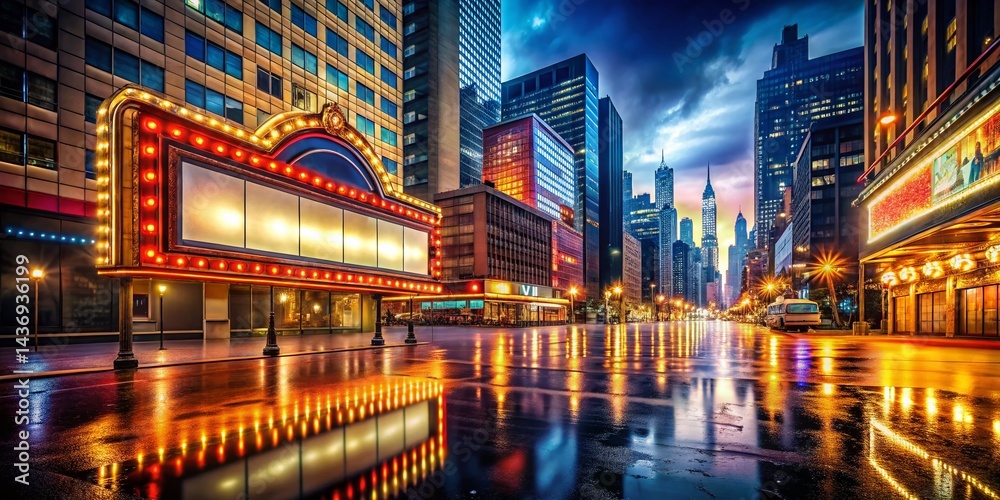 Obraz premium Panoramic Retro Lightbox and Broadway Marquee Sign in Vibrant Cityscape at Night