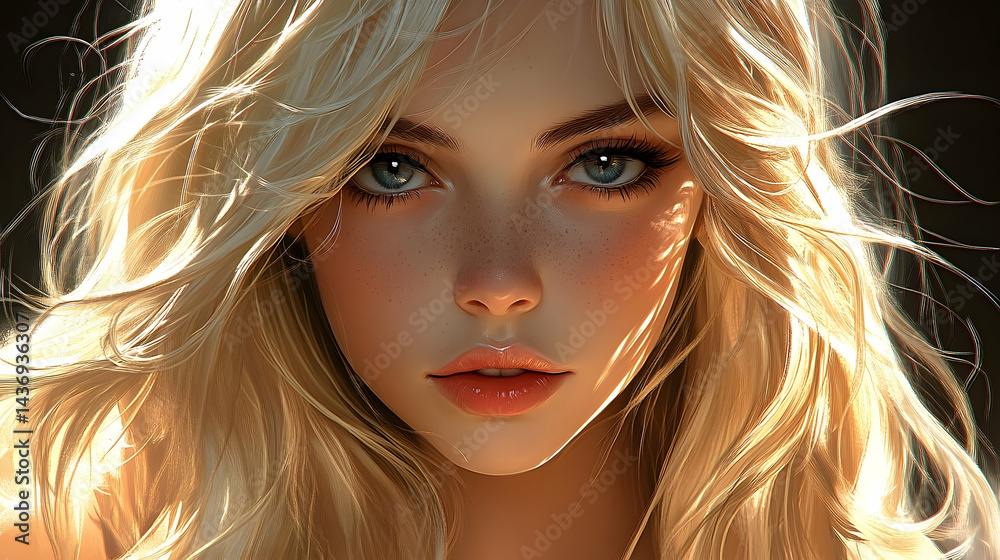 Fototapeta premium Close-up digital portrait of a young woman with radiant blond hair.