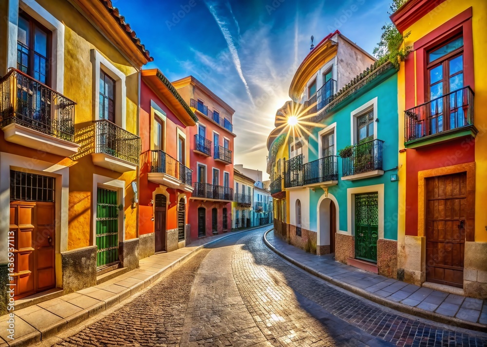 Fototapeta premium Panoramic View of a Sunny Spanish Street, Vibrant Architecture and Cobblestone Road