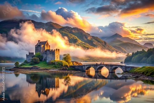 Panoramic View of Eilean Donan Castle, Scottish Highlands at Sunrise