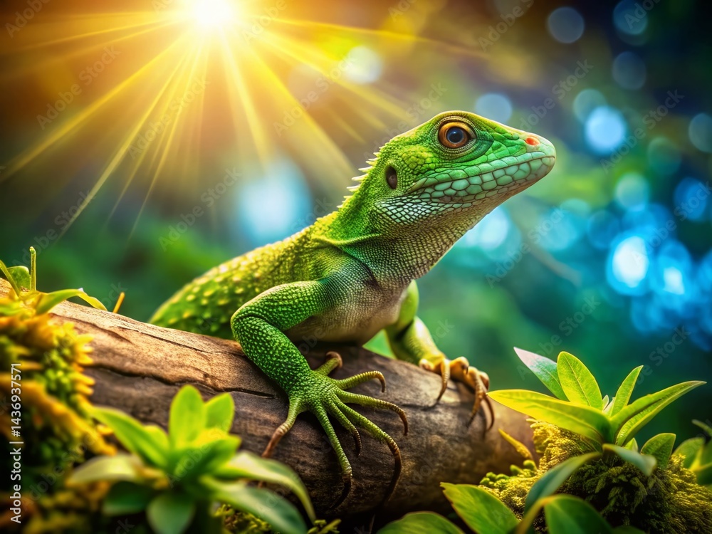 Fototapeta premium Panoramic View of Green Lizard Resting on Tree Branch