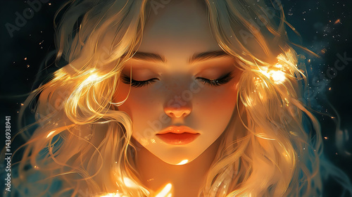 Close-up portrait of a serene young woman with glowing blonde hair.