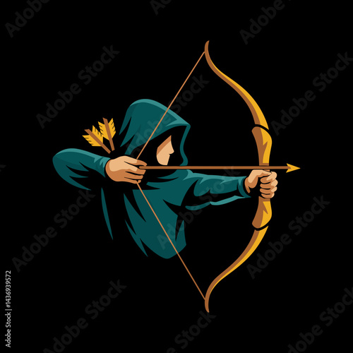 Hooded Archer Mascot Pulling Bowstring Logo