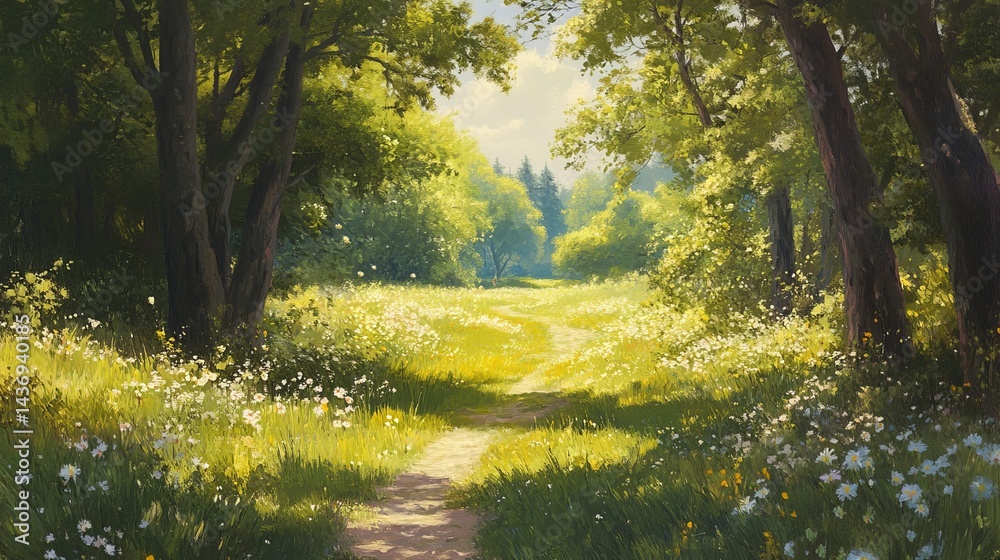 Obraz premium Sunny Forest Path Meadow Wildflowers Summer Nature Trail Walk