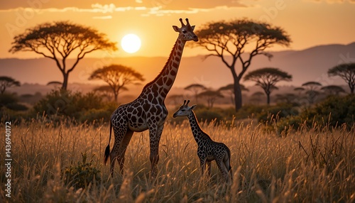 Giraffe Family Walking at Sunset in the African Savanna