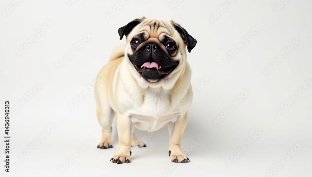 Playful pug poses against pure white backdrop, puppy, standing, expression Playful pug poses against pure white backdrop, puppy, standing, expression