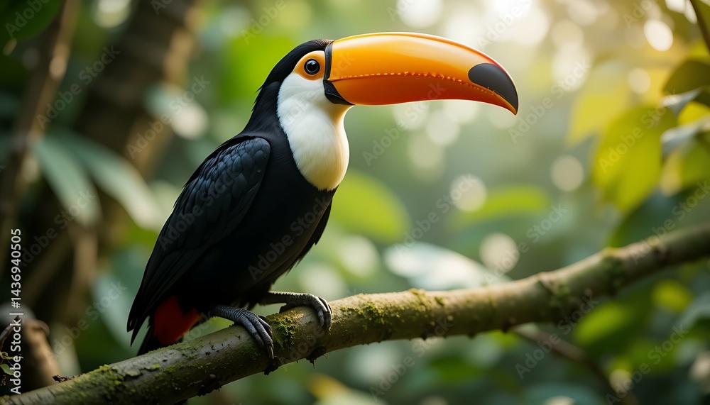 Naklejka premium Toucan Perched on Branch in Lush Green Rainforest