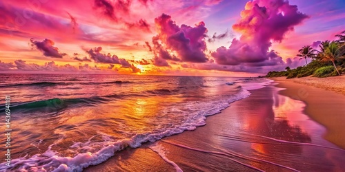 Pink Sunset Paradise: Close-Up Waves on Tropical Beach Sand