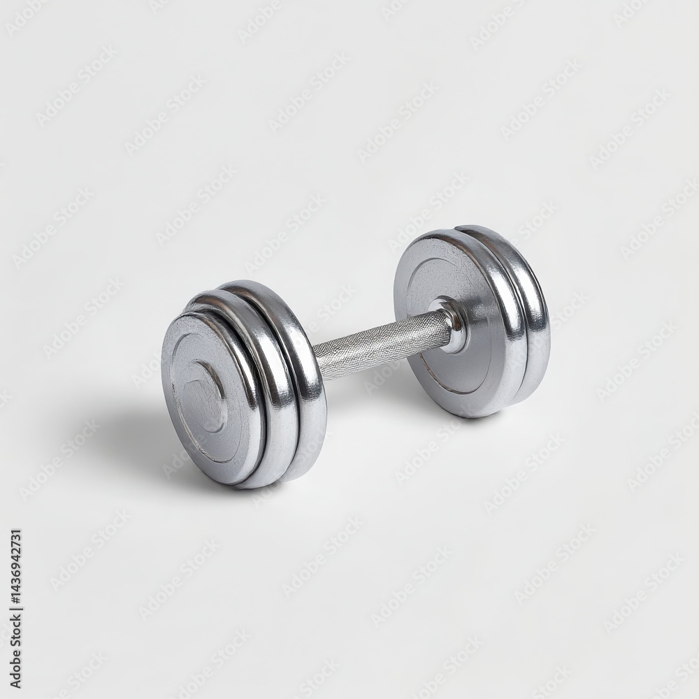 A dumbbell is displayed on a plain settingisoleted on white background. A dumbbell is displayed on a plain settingisoleted on white background.