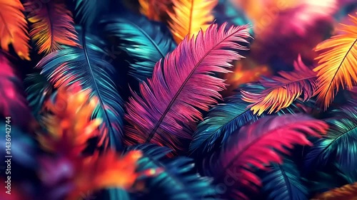 Vibrant, colorful feathers in a close-up view, showcasing intricate details and textures