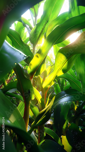 Lush Green Corn Plants Illuminated by Sunlight Creating a Vibrant and Healthy Agricultural Scene in Nature : Generative AI