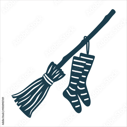 La Befana Flat black witchs broom with a striped sock dangling burgundy and charcoal  La Befana: Witch Broom and Striped Sock