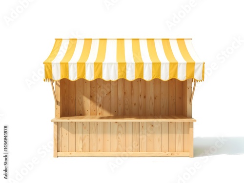 Market stand with yellow and white striped canopy isolated on white background. Generative AI